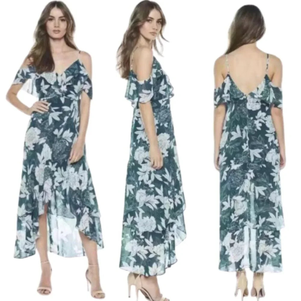 BARDOT Garden Party Cold Shoulder Floral Ruffle High-low Dress 22188